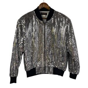 Monaliza Silver Sequin Party Jacket Bomber XL Vintage Disco NYE